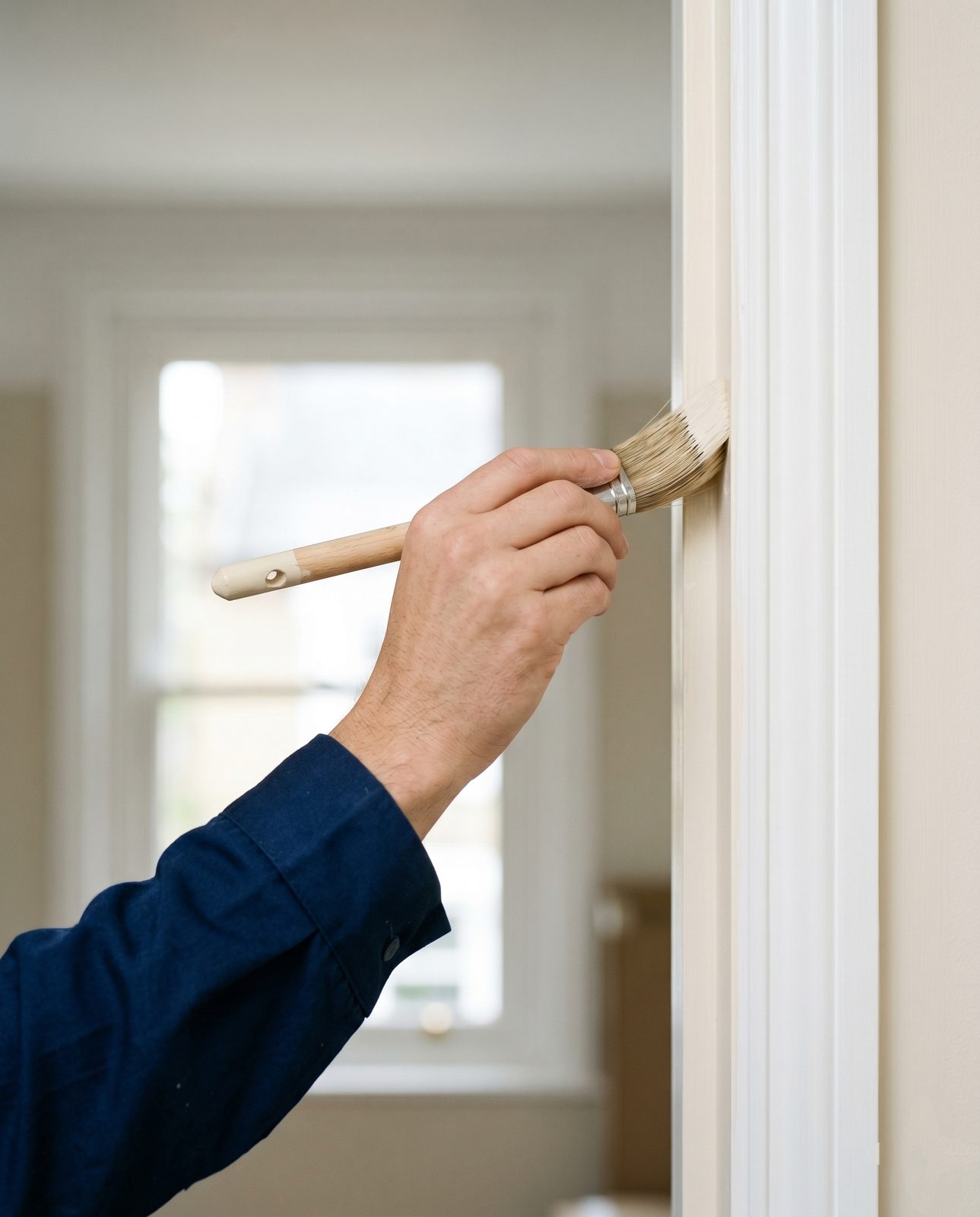 A decorator cutting in a crisp paint line on white woodwork