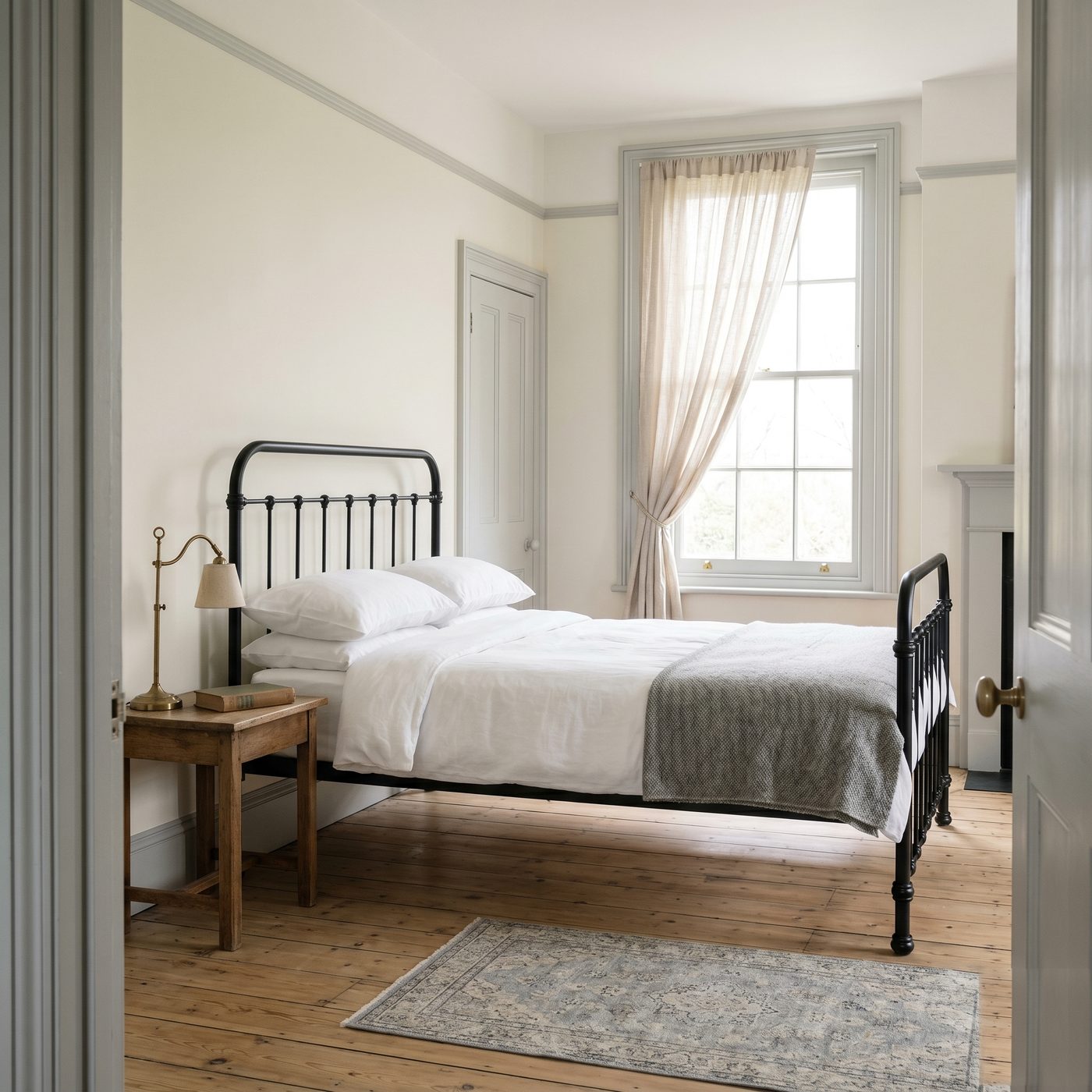 British Victorian bedroom freshly painted in heritage cream with crisp white woodwork