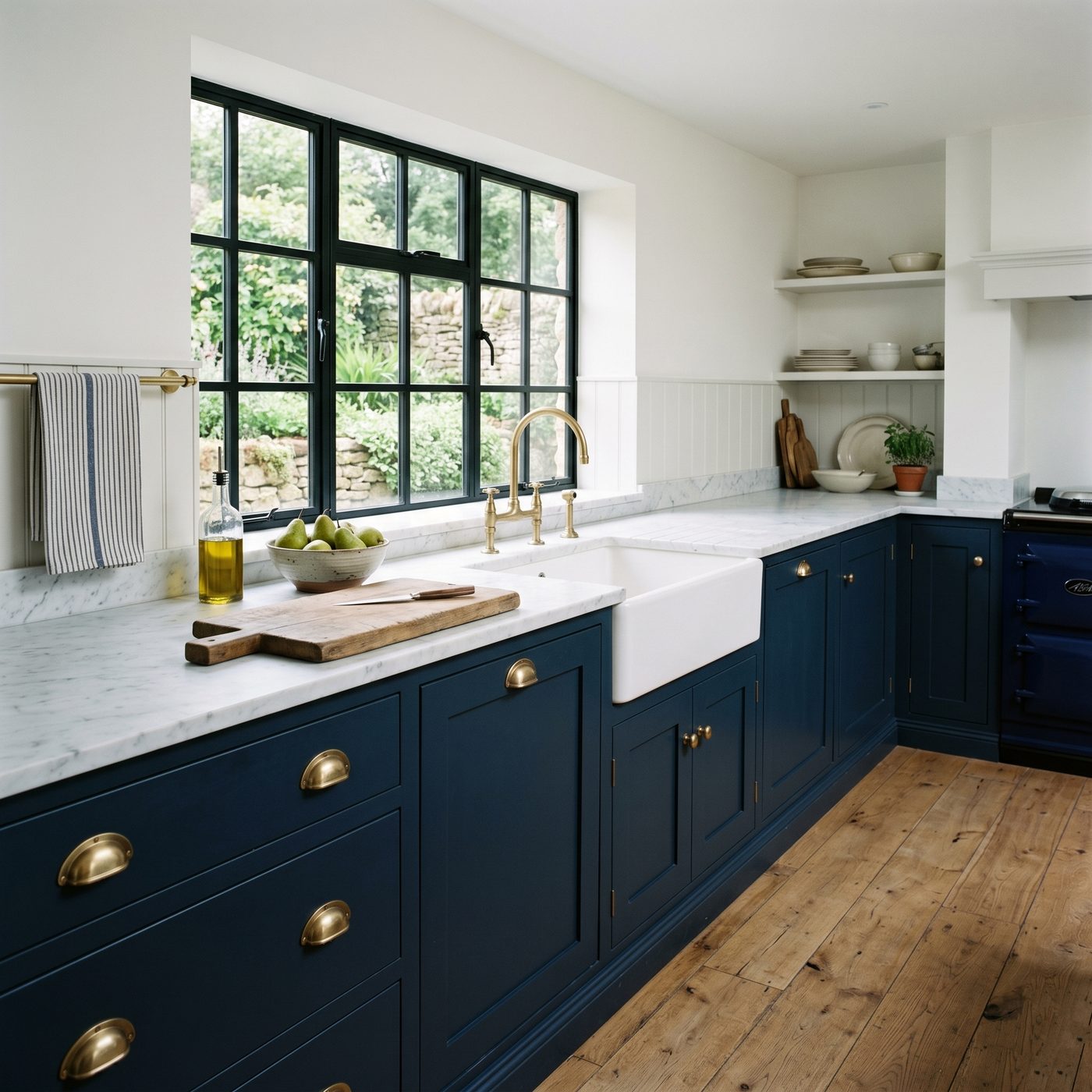 Classic British country kitchen with freshly painted heritage navy Shaker cabinetry