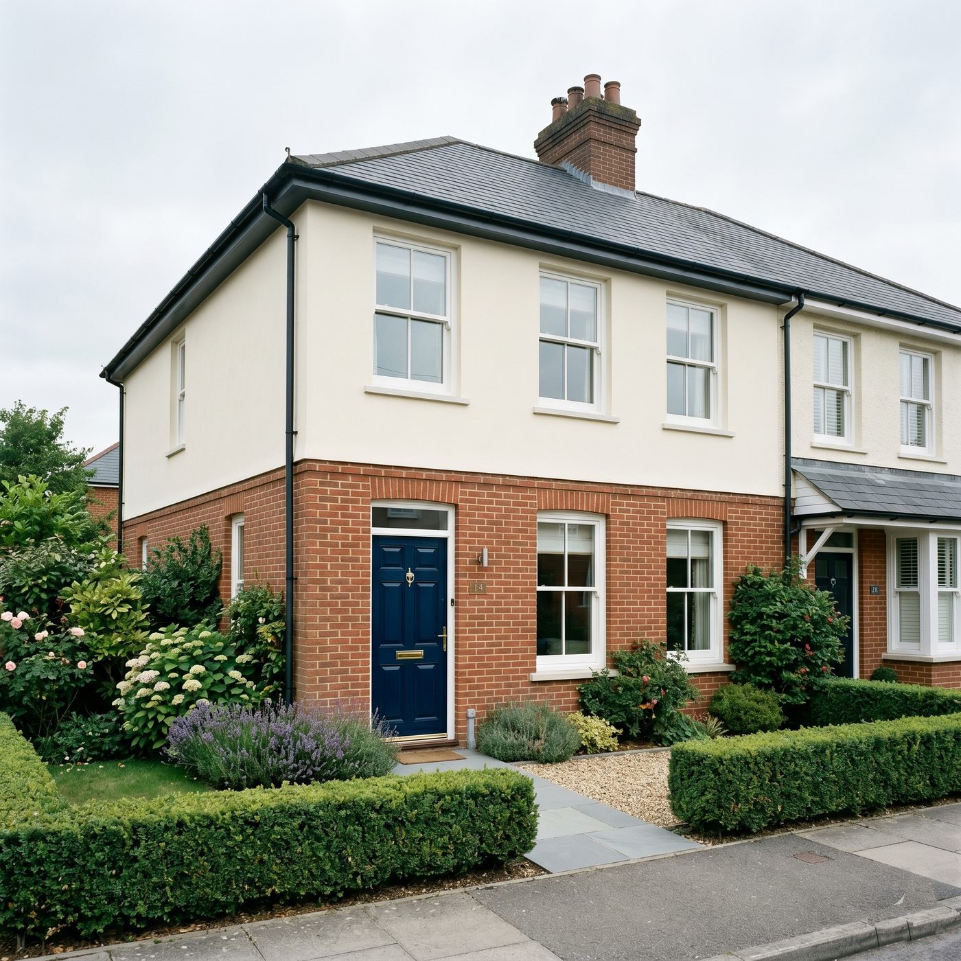 Traditional British semi-detached house freshly painted in cream render with dark fascias