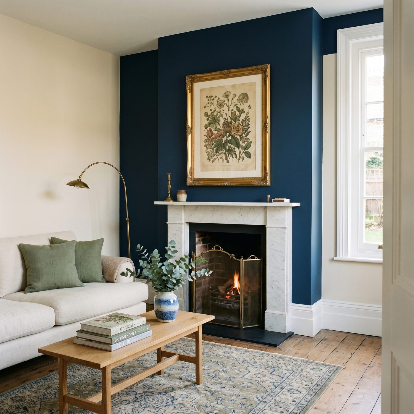 British living room with a heritage navy feature wall and cream surrounding walls